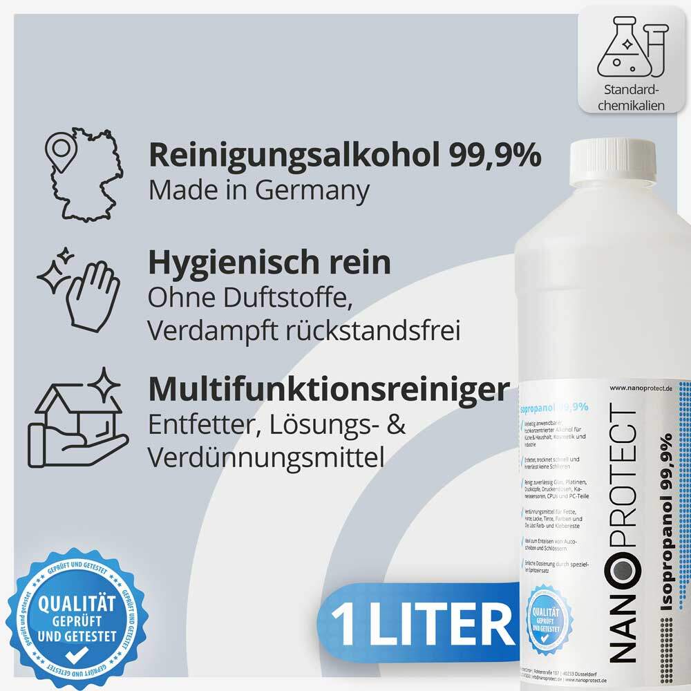 Isopropanol 99,9% Reinigungsalkohol 2x 1.000 ml Fettlöser & Lösungsmittel  rückstandsfrei anwendbar zur Reinigung : : Baumarkt