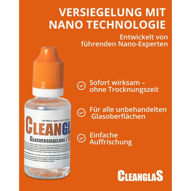 CleanglaS Glasversiegelung - Set für 72 m² - mit Glasreinigungspolitur + Tuch