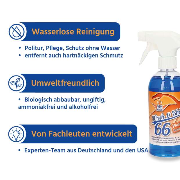 Wash & Shine BIKE - Wasserloser Schnellreiniger - 2 x 0,5 Liter + 2 x Spezialtuch