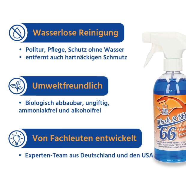 Wash & Shine BIKE - Wasserloser Schnellreiniger - 0,5 Liter + 3 x Spezialtuch