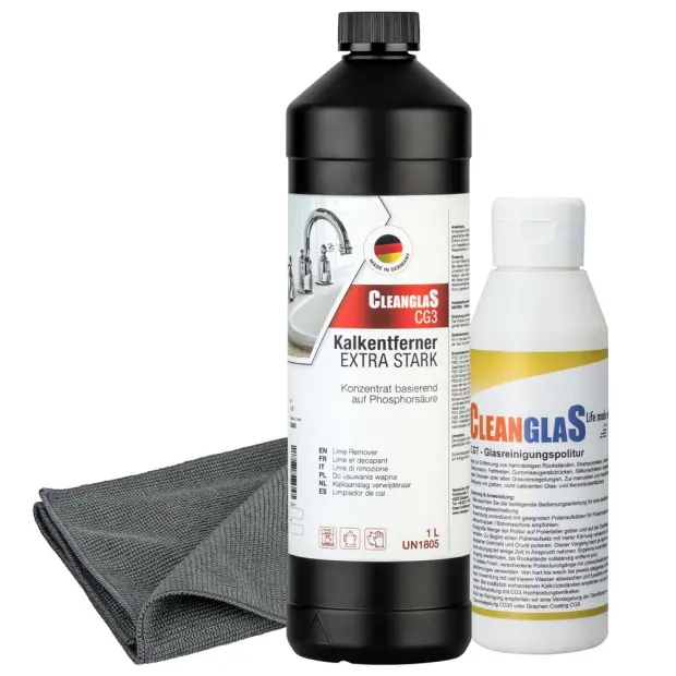 CleanglaS Glasreinigung - Set - mit Entkalker + Glasreinigungspolitur + Tuch