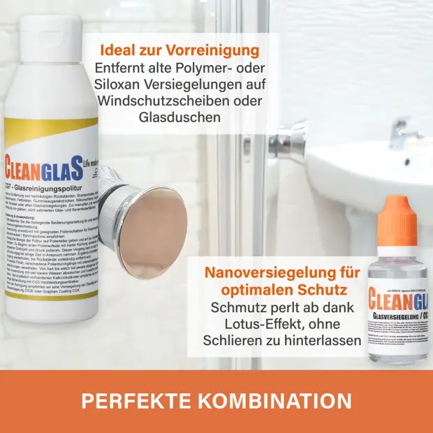 CleanglaS Glasreinigung - Set - mit Entkalker + Glasreinigungspolitur + Tuch