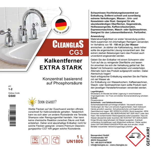 CleanglaS Glasreinigung - Set - mit Entkalker + Glasreinigungspolitur + Tuch