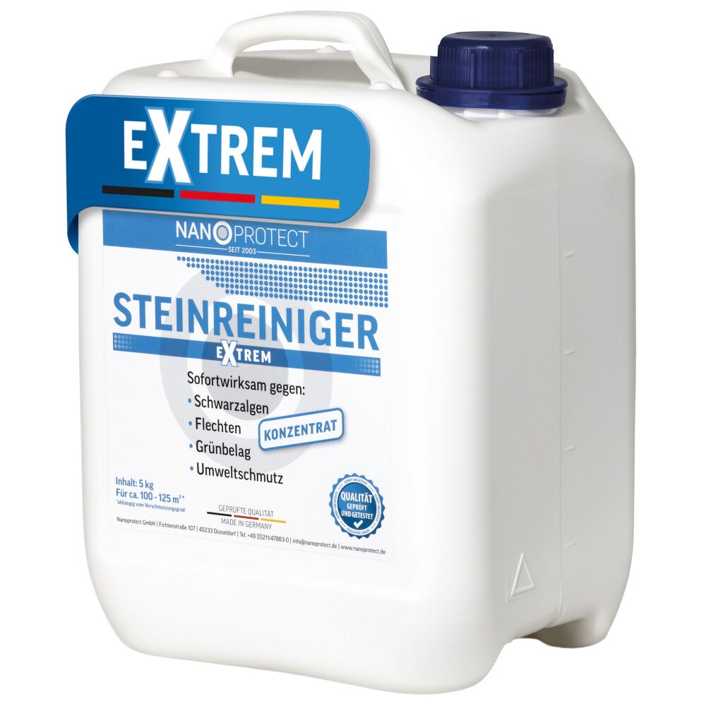 Nanoprotect Steinreiniger Extrem | 5 kg | Wirkt sofort gegen Schwarzalgen, Flechten & Grünbelag | Steindusche mit Desinfektion | Fassadenreiniger