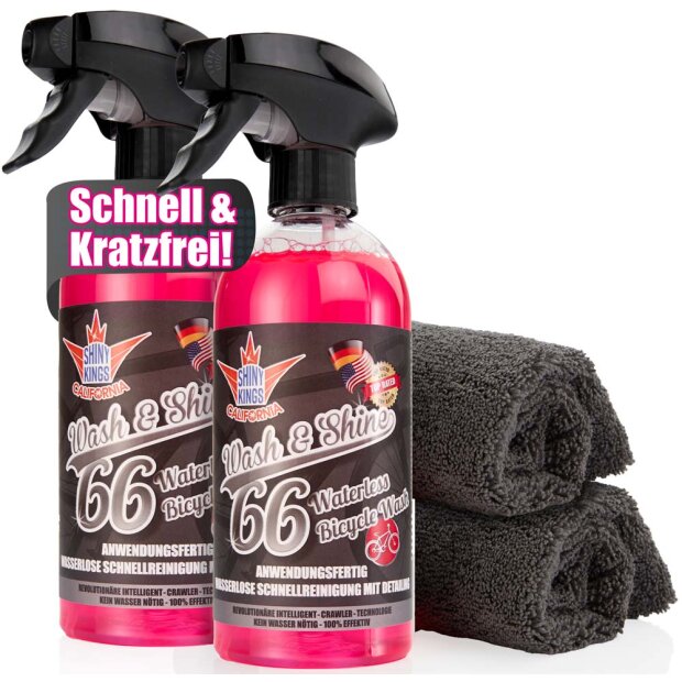 Shinykings Wash & Shine BICYCLE - Wasserloser Fahrradreiniger - 2 x 0,5 Liter + 2 x Spezialtuch
