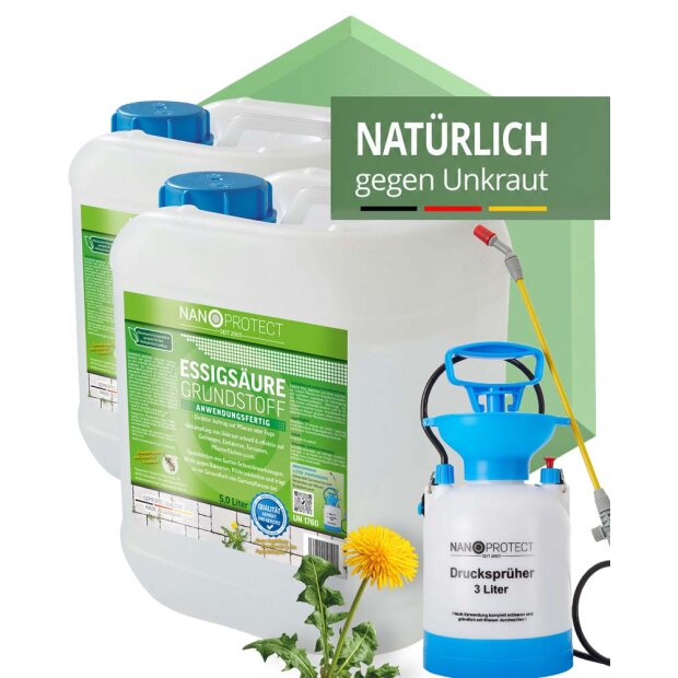 Essigsäure Grundstoff - Unkrautvernichter - 10 Liter + Drucksprüher