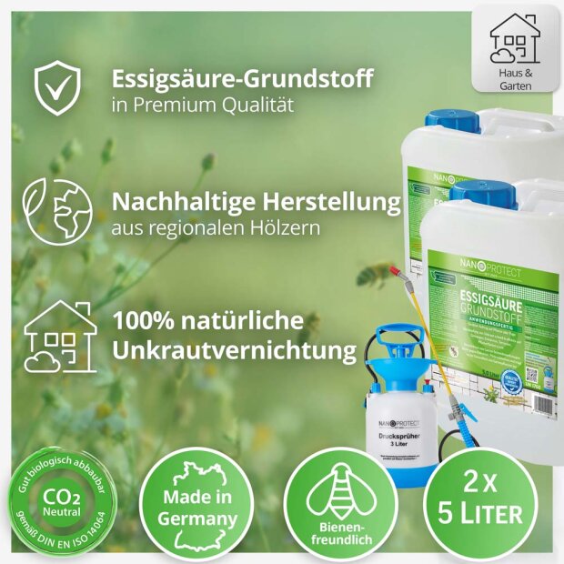 Essigsäure Grundstoff - Unkrautvernichter - 10 Liter + Drucksprüher